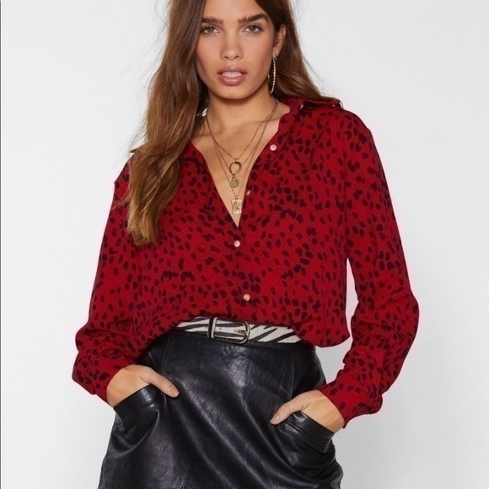 Red leopard button down blouse NWT - image 1